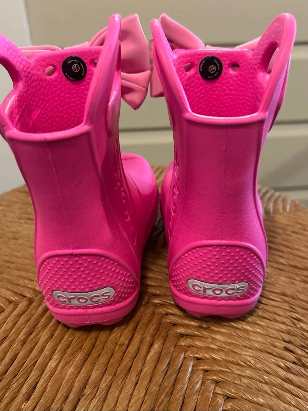 CROCS KIDS PINK HANDLE  IT SLIP IN Waterproof  Rain Boots SIZE C5 Bow Charms